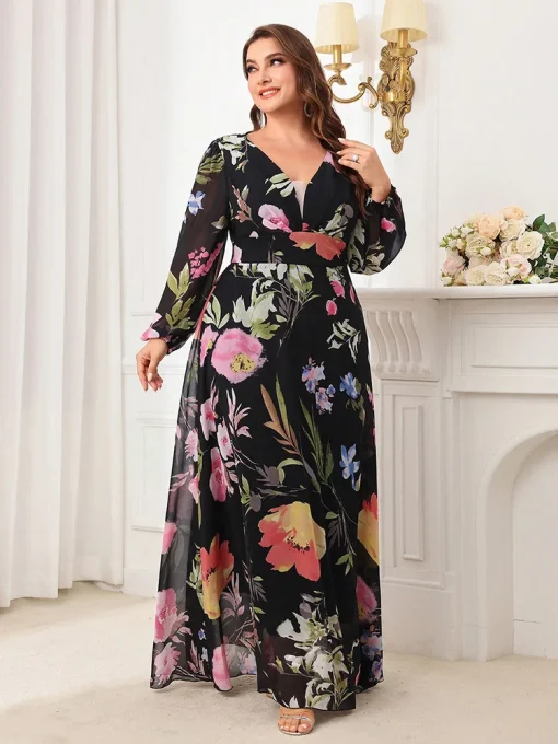 Plus Size Floral Printed V-Neck Long Sleeve Maxi Dress - Image 4