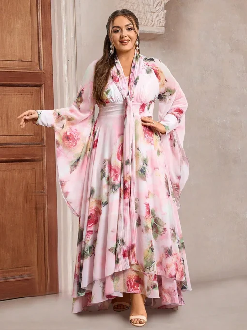 Plus Size Floral Print Long Sleeve Maxi Party Dress - Image 4