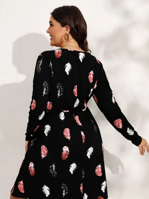 Plus Size Elegant Long Sleeve Feather Pattern Dress - Image 2