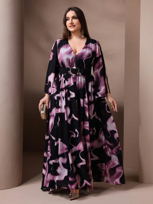 Elegant Plus Size V-Neck Tie Dye Wrap Maxi Dress