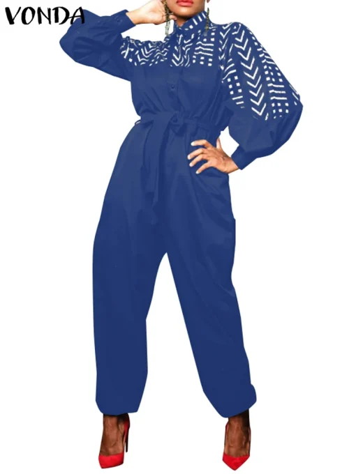 Women Vintage Printed Long Sleeve Belted Jumpsuit - Image 2