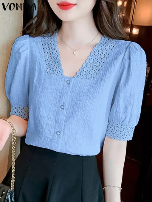 Women's Lace V-Neck Short Puff Sleeve Top - Image 2