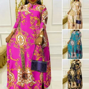 Women's Summer Maxi Dress 3/4 Sleeve Vintage Print