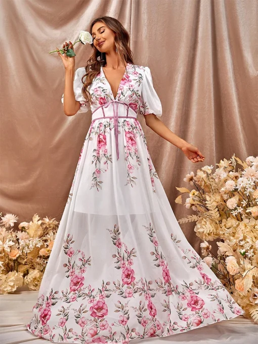 Women’s Floor-Length Floral Pleated High-Waist Elegant Dress - Image 2