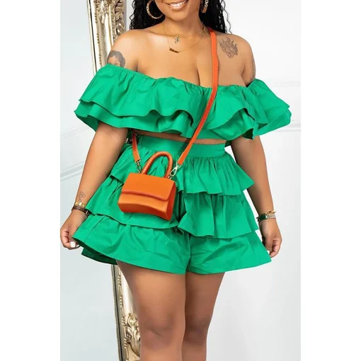 Plus Size Green Off-Shoulder Ruffled Two-Piece Shorts Set