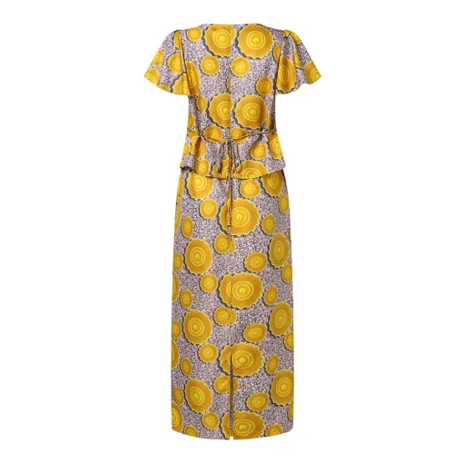 Elegant V-Neck Maxi Dress Set with Printed Skirt - Image 6