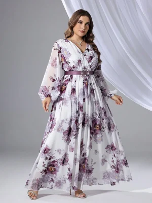 Plus Size Floral Print V-Neck Long Sleeve Maxi Dress