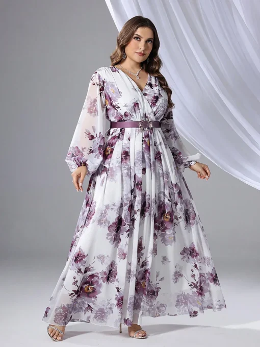 Plus Size Floral Print V-Neck Long Sleeve Maxi Dress