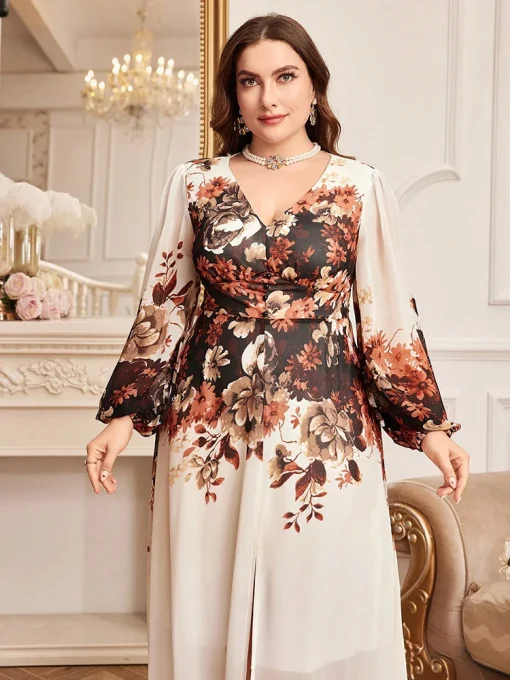 Luxury Plus Size V-Neck Floral Print Lantern Sleeve Party Dress - Image 3