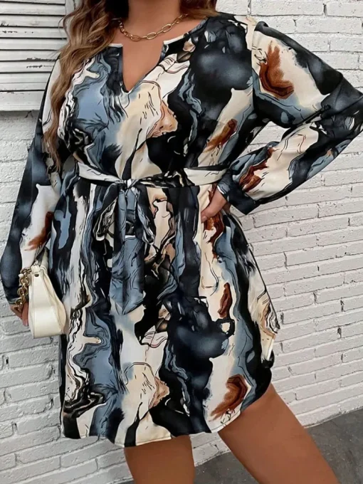 Elegant Plus Size Floral Print Long-Sleeved Lace-up Dress - Image 3