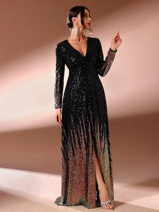 Women Split Hem Long Sleeve Evening Gown Dress - Image 6