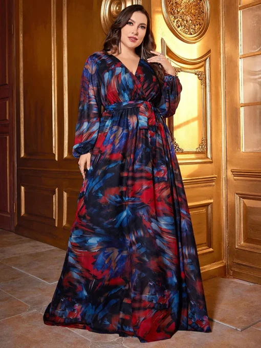 Elegant V-Neck Mesh Plus Size Lantern Sleeve Party Dress - Image 2