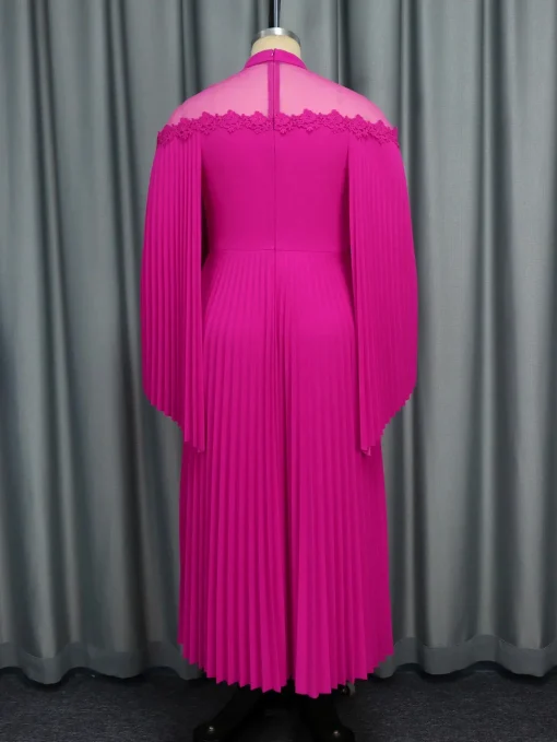 Elegant Pleated Maxi Dress with High Collar and Cloak Sleeves - Image 4