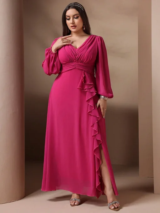 Plus Size Solid Color Ruffle Sleeve Formal Party Dress - Image 4