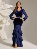Women’s Velvet Fishtail Hem Slim Fit Evening Prom Gown