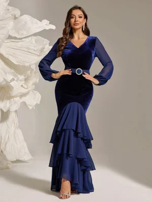 Women’s Velvet Fishtail Hem Slim Fit Evening Prom Gown
