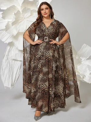 Plus Size Women's V-Neck Long Sleeve Leopard Print Dress