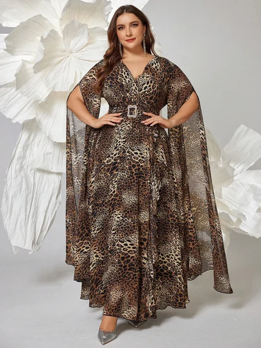 Plus Size Women's V-Neck Long Sleeve Leopard Print Dress