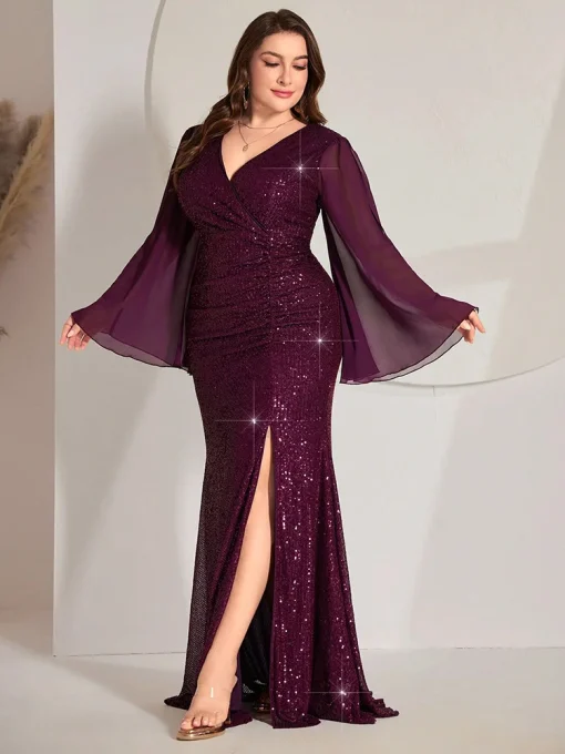 Elegant Plus Size Sequin Patchwork Mermaid High Slit Party Dress - Image 3