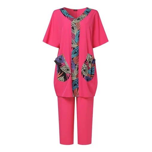 Plus Size Elegant V-Neck Pant Set with Pockets - Image 5