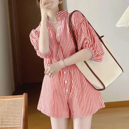 Women Elegant Printed Striped Puff Sleeve Jumpsuit - Image 6