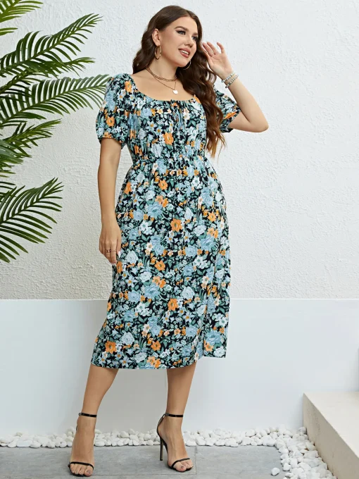 Elegant Plus Size One Shoulder Floral Split Party Dress - Image 3