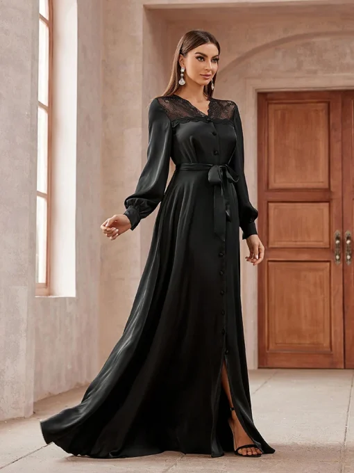 Elegant Mesh Belted Lace Spliced Lantern Sleeve Long Dress - Image 3