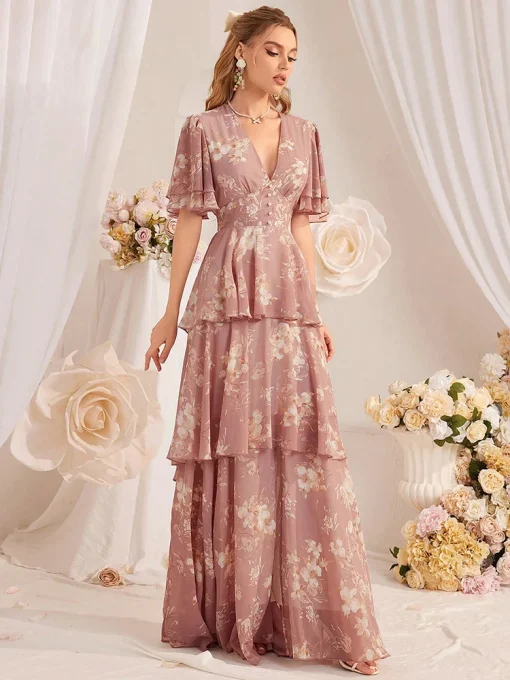 Elegant V-Neck Floral Printed Tiered Ruffle Hem Maxi Dress - Image 3