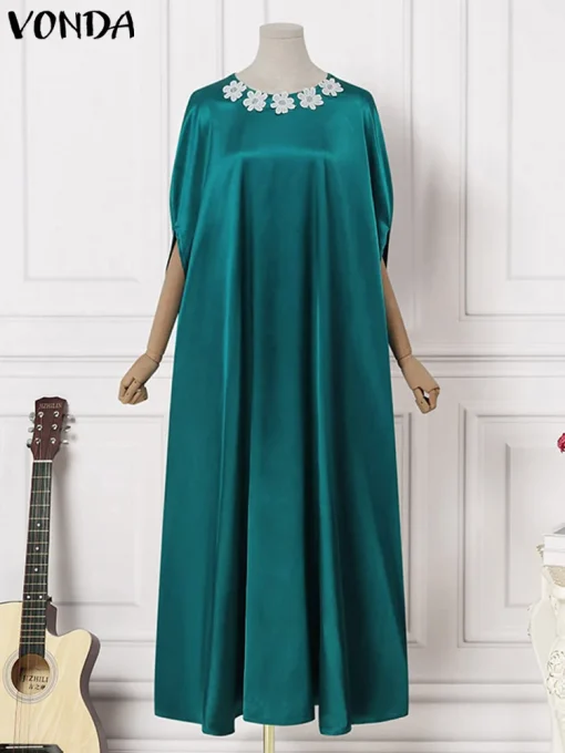 Plus Size Bohemian Satin Maxi Dress with 3/4 Sleeves - Image 3