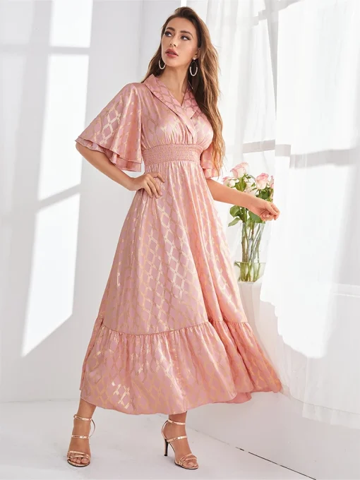 Women's Coral Pink Ankle-Length Ruffled Pleated Princess Dress - Image 4