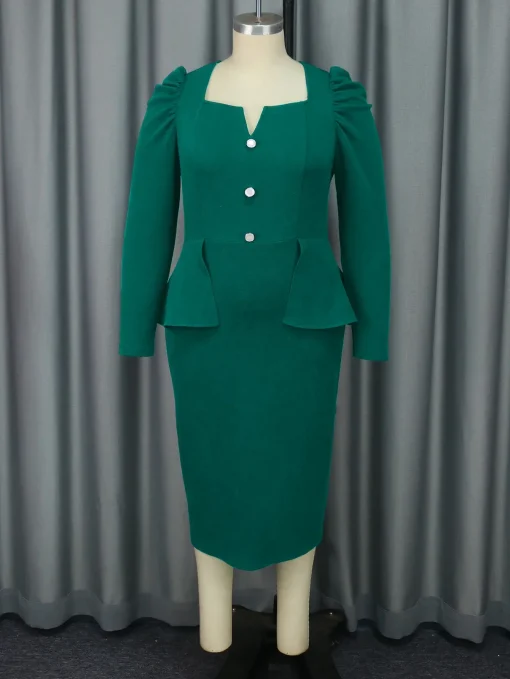 Graceful Green Midi Bodycon Dress with Long Sleeves - Image 2