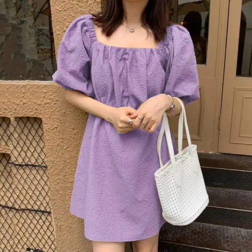 Women Summer Puff Sleeve Square Collar Mini Sundress