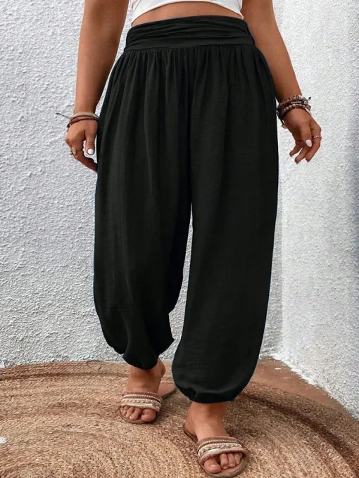 Elegant Plus Size Black Wide Leg Pleated Pants - Image 2