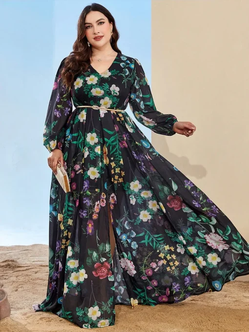 Plus-Size Women Maxi Print Chiffon A-Line Bridesmaid Dress