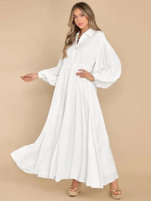 Plus Size Monochromatic White Linen Button Dress for Women - Image 3