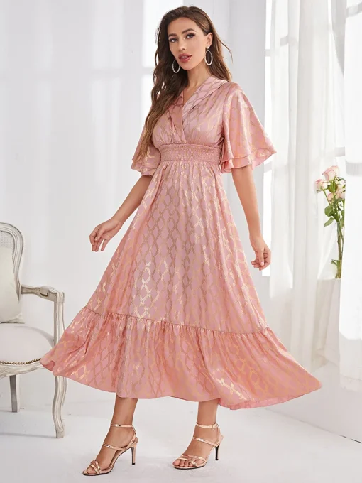 Women's Coral Pink Ankle-Length Ruffled Pleated Princess Dress - Image 3