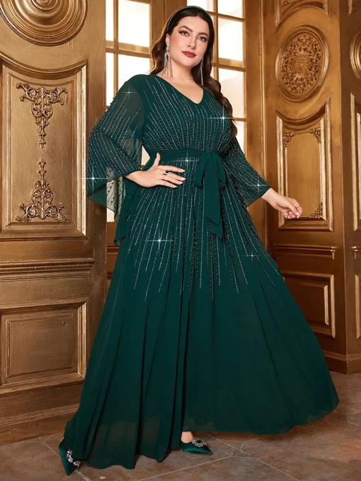 Plus Size Beaded Bell Sleeve Belted Formal Maxi Dress - Image 3