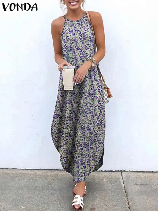 Summer Party Asymmetrical Halter Bohemian Sleeveless Maxi Dress - Image 2