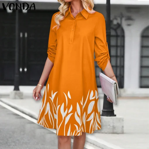 Women's Printed Long Sleeve Sundress Lapel Collar Casual - Image 5