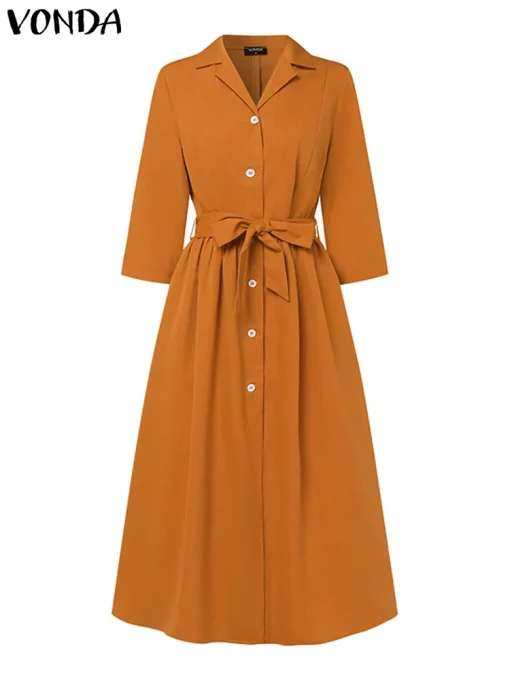 Plus Size Autumn Office Dress with Belt, Turn-Down Collar - Image 2