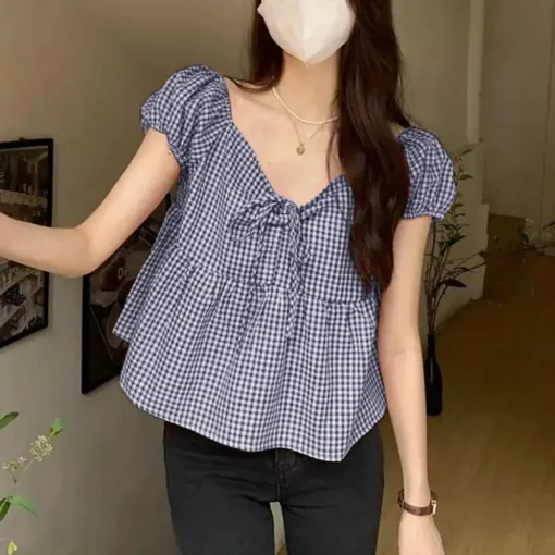 Women's Plaid V-Neck Bohemian Short Sleeve Blouse - Image 6