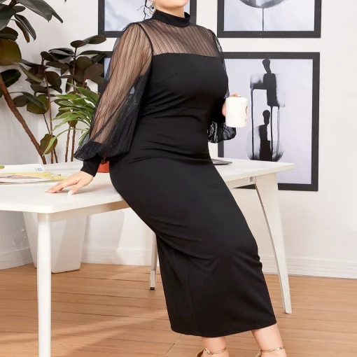 Elegant Plus Size Long Sleeve Black Party Dress - Image 6