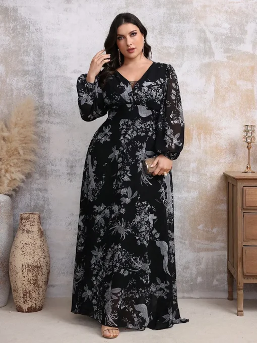 Elegant V-Neck Lace Mesh Floral Plus Size Maxi Dress - Image 4