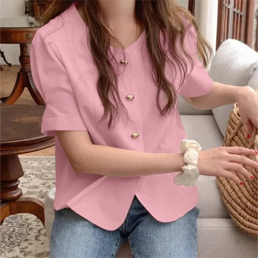 Elegant Summer Short Sleeve Blouse with Button Details - Image 5