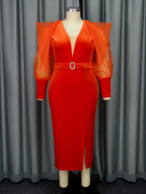 Orange Velvet Bodycon Dress with Mesh Long Sleeves - Image 2