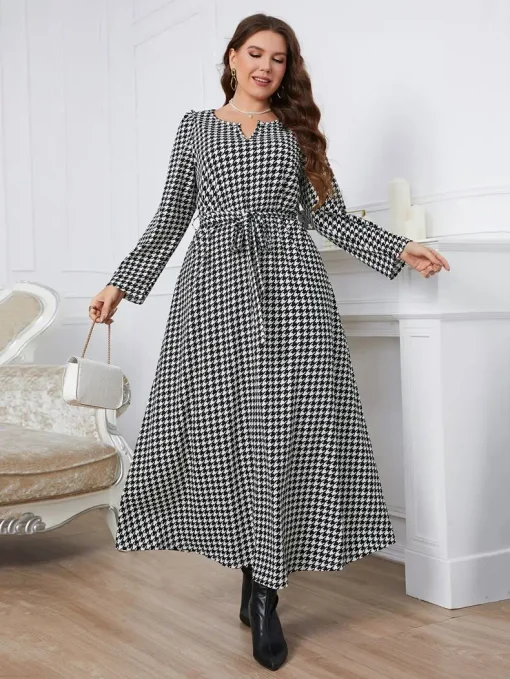 Elegant Plus Size Round Neck Plaid Summer Dress for Women - Image 3