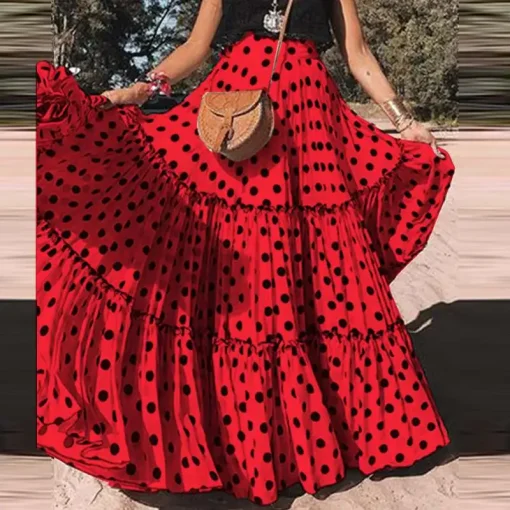 Bohemian High Waist Polka Dot Maxi Skirt for Women - Image 5