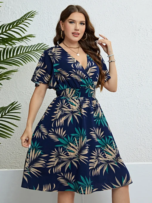 Elegant Plus Size V-Neck Short-Sleeve Linen Party Dress