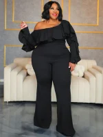 Plus Size Black Urban Wide Leg Jumpsuit Women