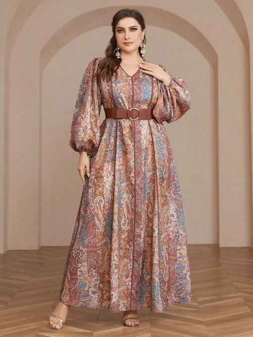 Plus Size Bohemian Belted Lantern Sleeve Paisley Print Dress - Image 3